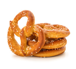 Many tasty salted pretzels on white background