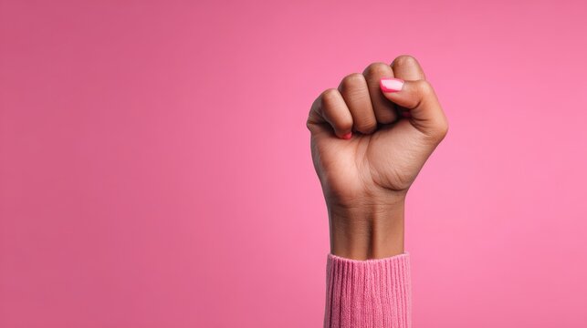 A hand with a closed fist is prominently displayed against a pink background, symbolizing strength and unity in the fight for feminism and gender equality at a protest for women's rights.