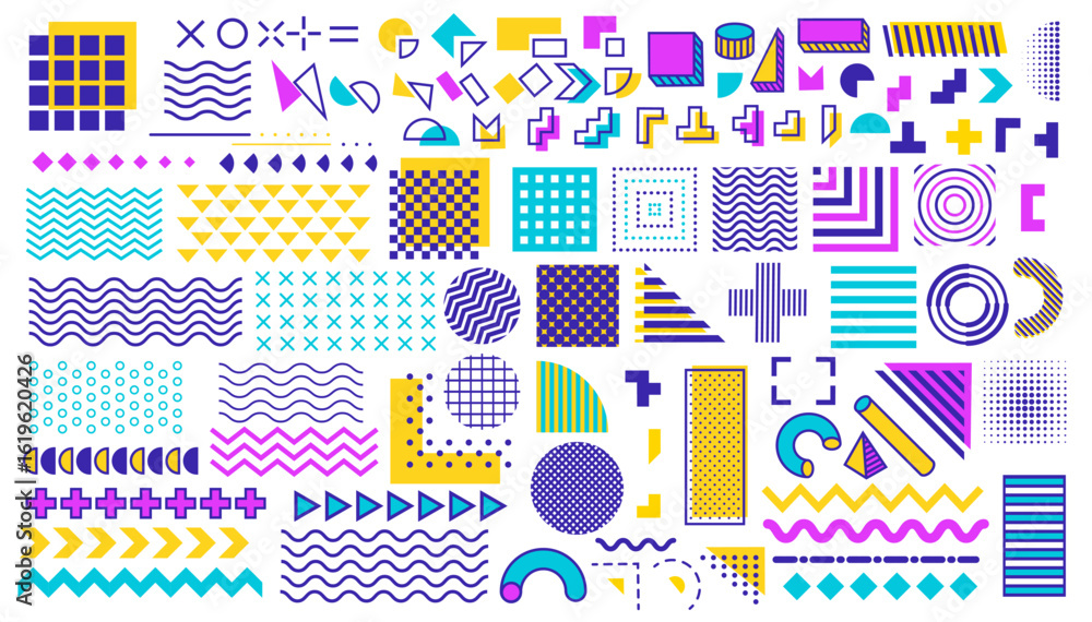 Poster abstract geometric memphis shapes and figures or color pattern elements, vector set. modern trendy m