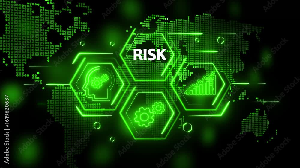 Poster technology business managements. glowing neon text risk with alpha channel. technology and network c