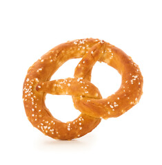 Fresh salted pretzel on white background