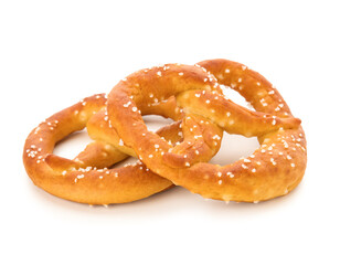 Tasty salted pretzels on white background