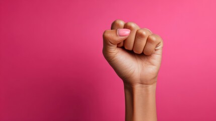 A hand with a closed fist is prominently displayed against a pink background, symbolizing strength and unity in the fight for feminism and gender equality at a protest for women's rights.