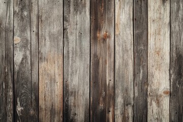 Fototapeta premium Weathered wooden planks. Close-up view of aged, vertical wood panels. Different shades of grey and brown. Visible grain and texture