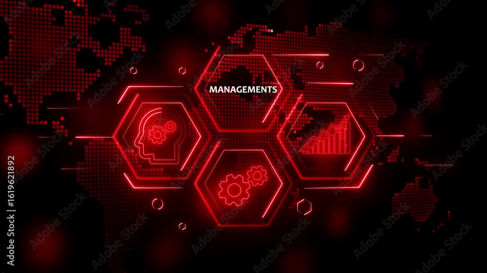 Aufkleber technology business managements. glowing neon text managements with alpha channel. technology and ne