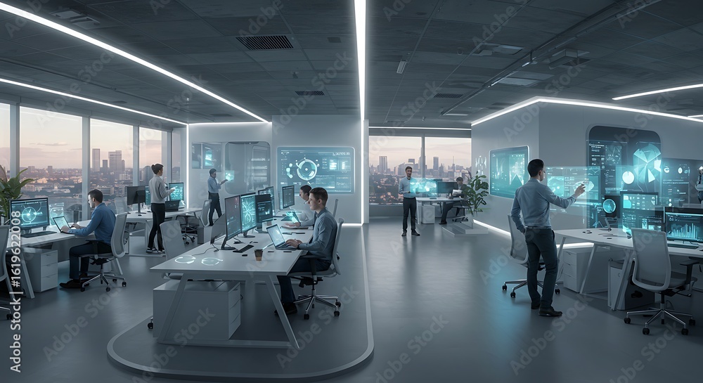 Poster a futuristic office scene with people working on computers illuminated by ambient light and digital 