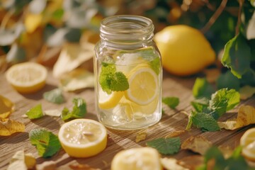 Refreshing lemonade with mint in jar on wooden table surrounded by citrus and leaves