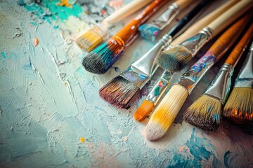 Fototapeta premium Used paintbrushes on a colorful artist's palette