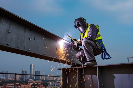Industrial welder working at high altitude on a steel beam, wearing full protective gear and welding mask, sparks flying, city skyline far below, dramatic perspective, clear blue sky, wind gently blow - Powered by Adobe