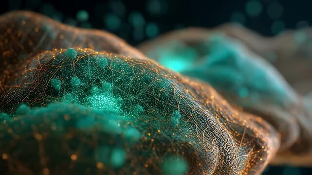 Hightech render of liver metabolism depicting gluconeogenesis and glowing teal sugar molecules formation.