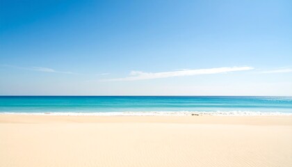 Fototapeta premium Tranquil Beach Scene: Blue Sky, Turquoise Water, and Golden Sandscape.