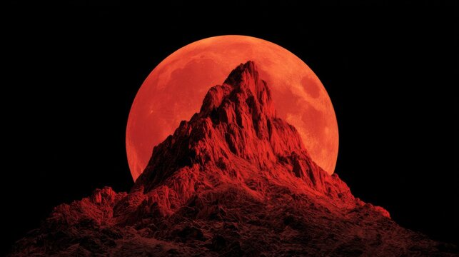 Blood moon rising over jagged red mountain peak in surreal night landscape.