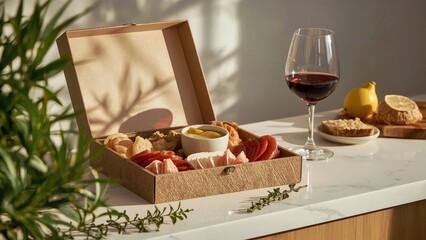 Charcuterie Box. Gourmet charcuterie board with wine glass, cheese and
