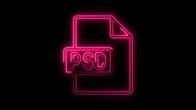 Vibrant pink neon P S D file icon glowing brightly on a dark background representing digital design graphic