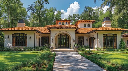 Obraz premium A luxurious, mediterranean-style home with a terracotta roof.