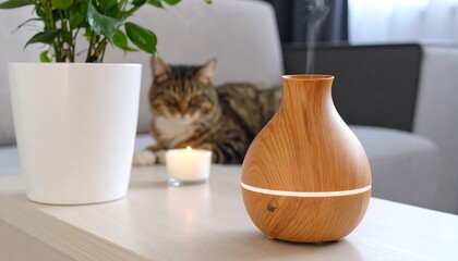 Cozy home scene with a diffuser and cat