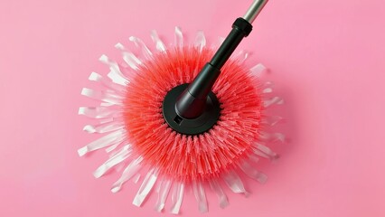 Electric Spin Scrubber. Red circular brush with black handle on pink b
