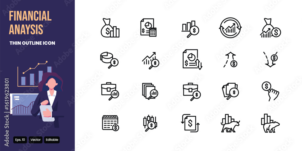 Poster financial anaysis outline icon set vector design good for web and mobile app