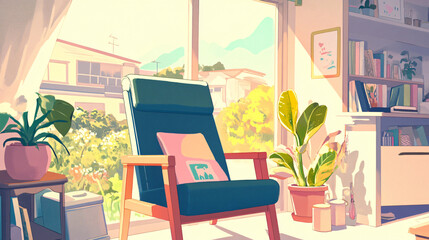 Fototapeta premium Cozy living room featuring a comfortable chair and a lush plant creating a warm and inviting space