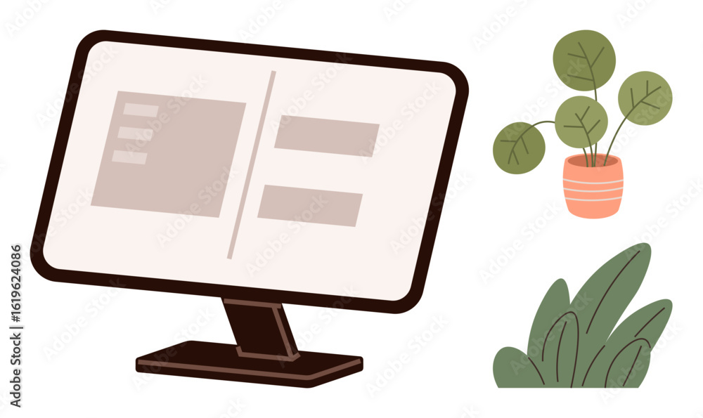 Poster computer monitor with a simple interface design next to potted and leafy plants symbolizing producti