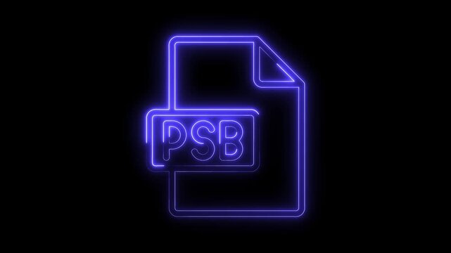 Glowing neon P S B file icon symbol isolated on black background vibrant blue light futuristic technology