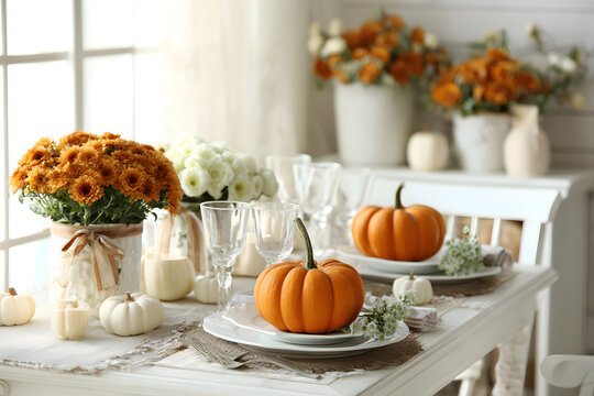 Autumn table setting with fresh pumpkins and flowers in room - Powered by Adobe