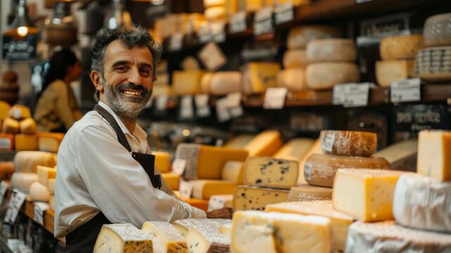 Smiling man shopping for cheese at a market stall with various cheese wheels and blocks