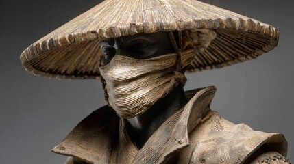 Close-up of a detailed samurai warrior sculpture with straw hat and face covering.