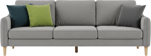A grey three seater couch with dark blue lime green and grey cushions on wooden legs transparent background