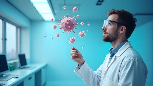 Male scientist pointing at floating virus particles in futuristic lab, medical innovation and virus detection theme