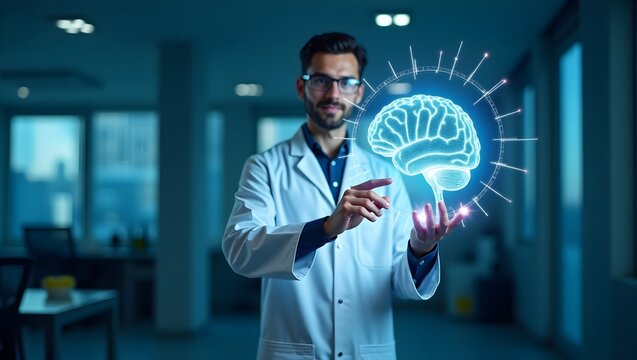  Scientist in lab coat interacting with a glowing brain hologram, artificial intelligence and neuroscience concept - Powered by Adobe