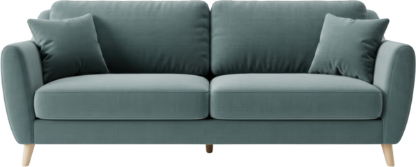 A modern blue green fabric sofa with two matching throw pillows on wooden legs transparent background