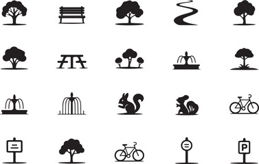 Park elements trees bench river squirrels fountain bicycle signs
