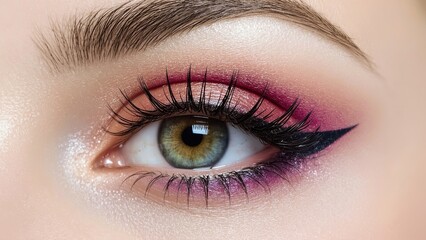 Obraz premium Lash Tech. Close-up green eye with long lashes and purple-pink eyeshad