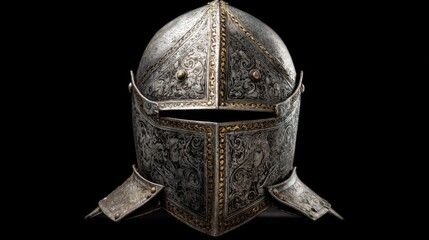 Ornate medieval knight helmet with gold accents on black background.