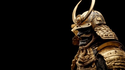Golden samurai armor with mask and helmet on black background, dramatic lighting.