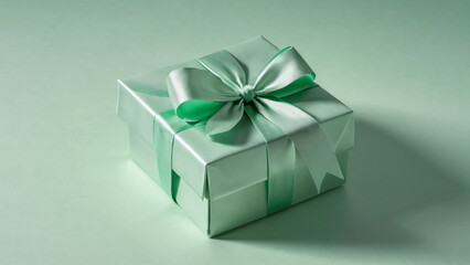 Obraz premium Pastel green gift with silk ribbon casting shadow