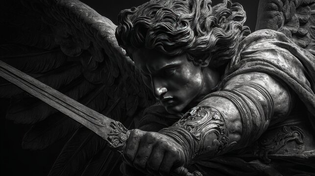 Dramatic close-up of angelic warrior statue with sword and wings in grayscale tones.