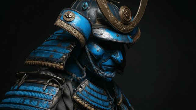 Blue samurai warrior in traditional armor with golden details on dark background.