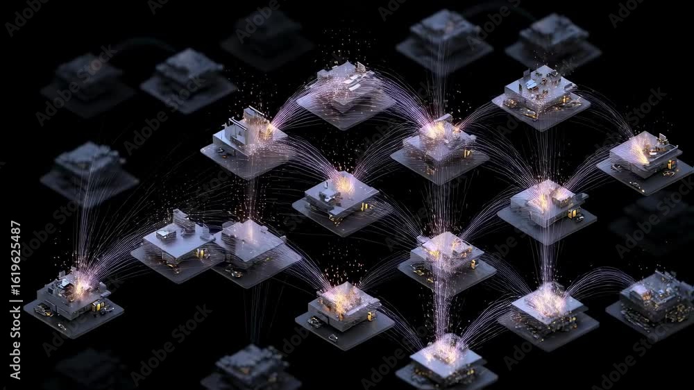 Poster complex network infrastructure connecting futuristic smart buildings exchanging data wirelessly, rep