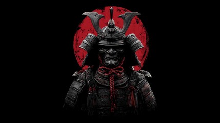 Dark samurai warrior in ornate armor with red sun backdrop on black background.
