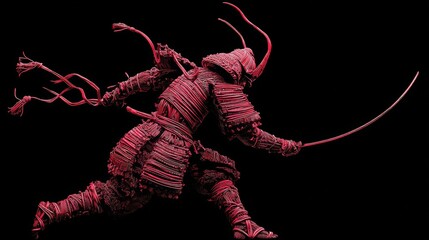 Red wire samurai warrior in dynamic pose with katana on black background.