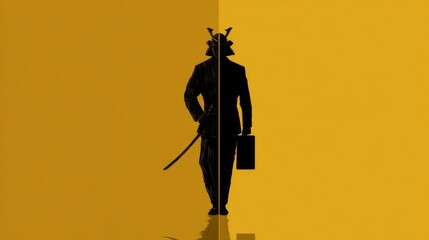Silhouette of samurai and businessman merged in half on yellow background.
