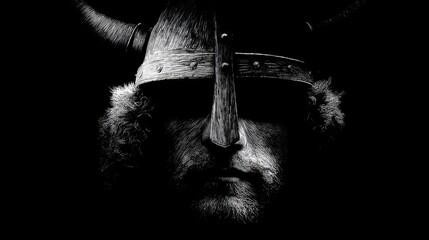 Dramatic monochrome portrait of Viking warrior in horned helmet on black background.