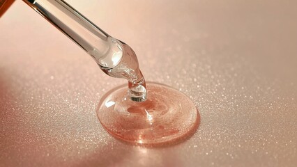 PDRN serum. Close-up of clear dropper with pink serum on beige surface