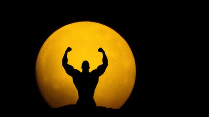 Silhouette of muscular man flexing in front of full moon at night.