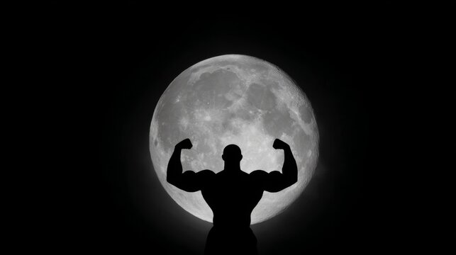 Silhouette of muscular man flexing in front of full moon at night sky background.