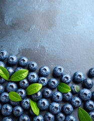 Fresh blueberries with leaves on dark background
