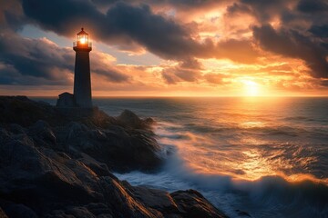 Fototapeta premium Dramatic lighthouse at sunset over a stormy sea