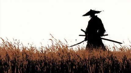 Lone samurai silhouette in tall grass with swords on white background.